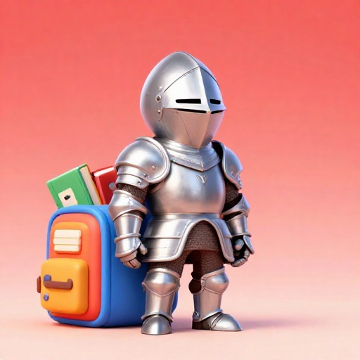 Una armadura de caballero junto a una mochila escolar de aspecto pesado.