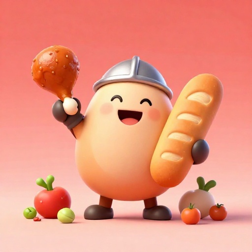 Un caballero sonriente sosteniendo un muslo de pavo y una hogaza de pan, representando una dieta alta en calorías.