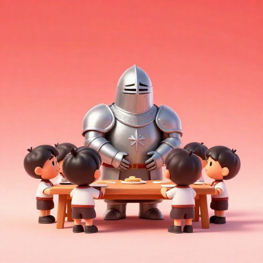 Un joven paje sirviendo a un caballero en una larga mesa medieval.