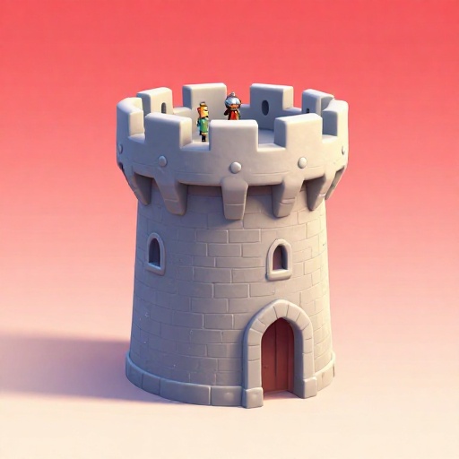 Una torre de castillo medieval muy alta vista desde abajo.