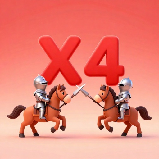 Dos caballeros de dibujos animados en justa con un símbolo dramático de 'X4' de fuerza en el punto de impacto.