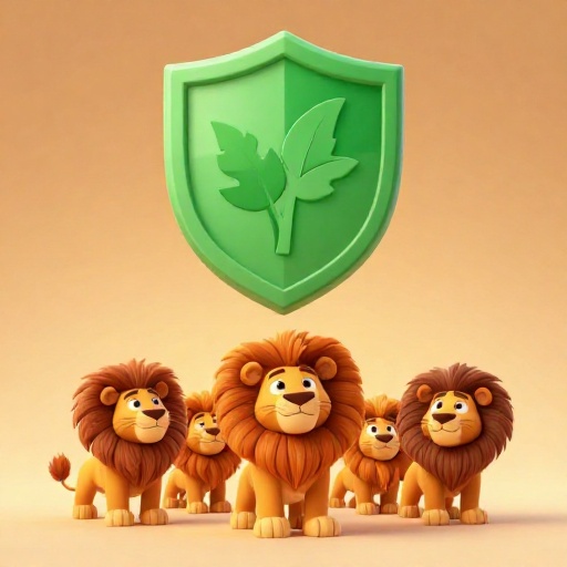 Una ilustración de dibujos animados de leones mirando hacia un símbolo de conservación.