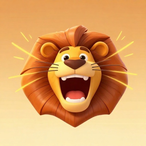 Un dibujo animado de un león rugiendo fuertemente con ondas de sonido visibles.
