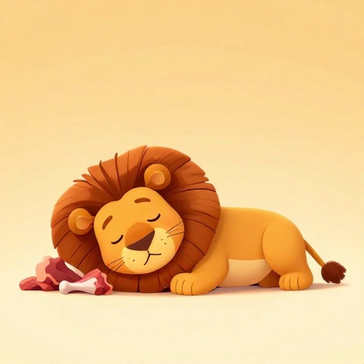 Un dibujo animado de un león durmiendo profundamente después de comer una gran cantidad de comida.