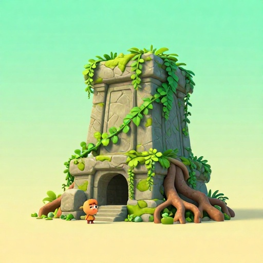 Imagen de caricatura de un templo maya antiguo siendo reclamado por la selva.