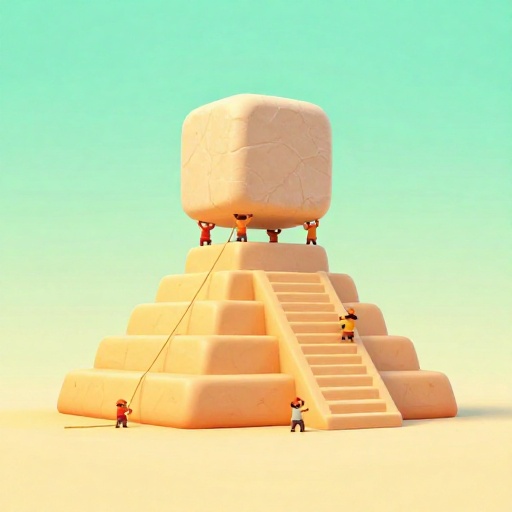 Trabajadores en caricatura construyendo una pirámide maya sin herramientas modernas.