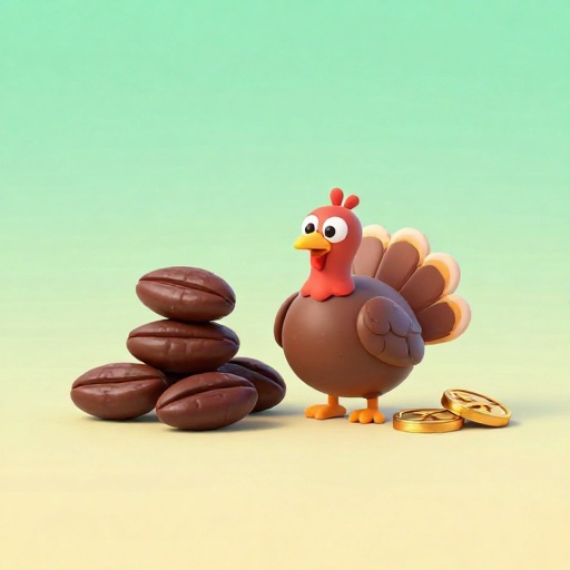 Semillas de cacao en caricatura apiladas junto a un pavo de caricatura, representando la moneda maya.