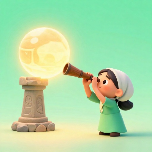 Un astrónomo maya en caricatura usando una herramienta antigua para mirar las estrellas.