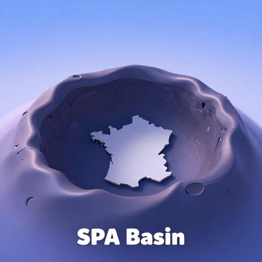 Representación de dibujos animados de la gigantesca cuenca Polo Sur-Aitken en la Luna comparada con un mapa de Francia.