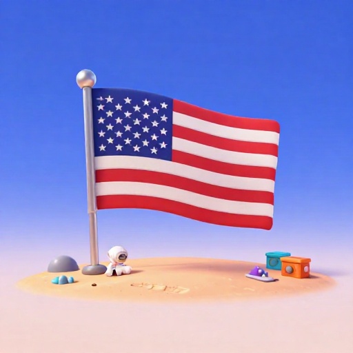 Imagen de dibujos animados de una bandera estadounidense y equipo científico dejado en la superficie lunar.