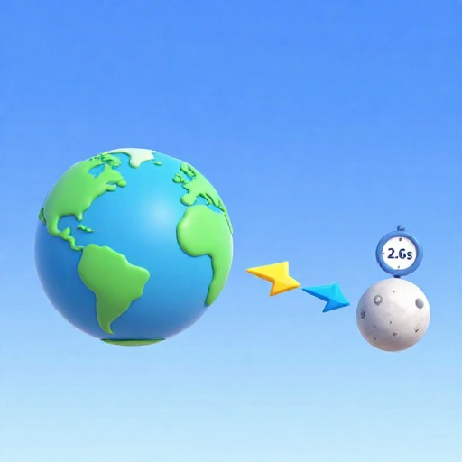 Dibujos animados que muestran el tiempo de viaje de ida y vuelta de 2.6 segundos para las señales de radio entre la Tierra y la Luna.