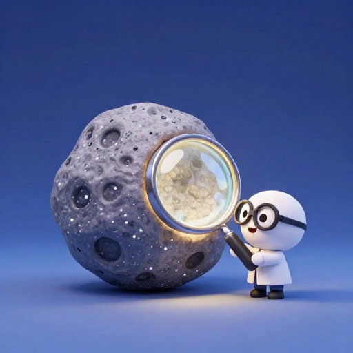 Científico de dibujos animados examinando una muestra de roca lunar antigua.