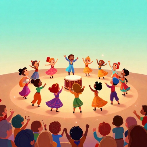 Ilustración de dibujos animados de un animado powwow nativo americano con bailarines y una gran audiencia.