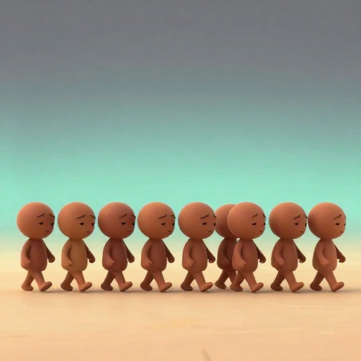 Ilustración de dibujos animados de personas nativas americanas marchando tristemente a lo largo de un sendero largo y polvoriento.