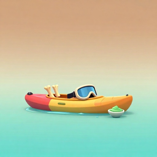 Dibujo animado que muestra un kayak, gafas para la nieve y un cuenco de protector solar natural.