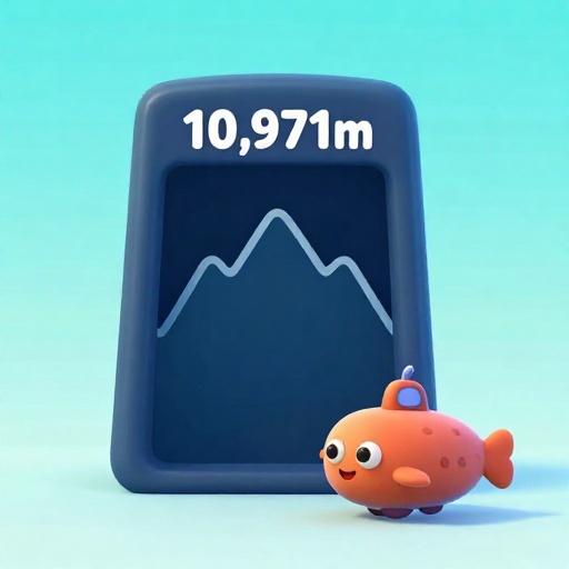 Un pequeño submarino junto a un marcador del océano profundo que muestra la profundidad del Abismo Challenger.