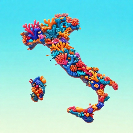 Una colorida y extensa estructura de la Gran Barrera de Coral con forma de Italia.