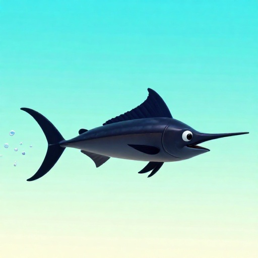 Un pez marlín negro nadando muy rápido.