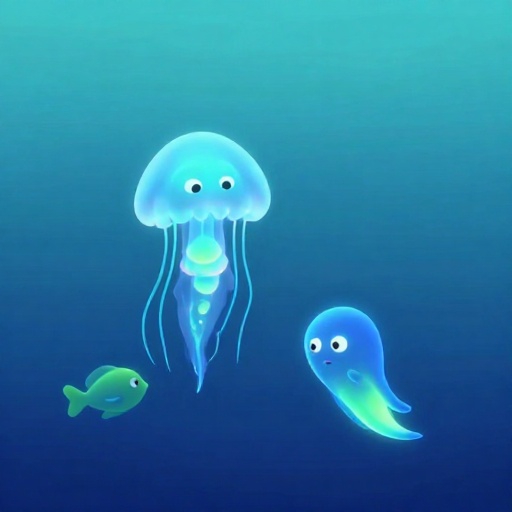 Criaturas bioluminiscentes de las profundidades marinas brillando en el agua oscura.