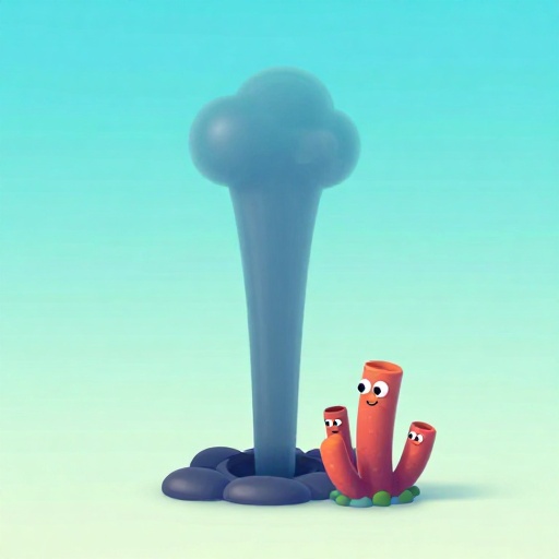 Una fumarola hidrotermal expulsando agua extremadamente caliente cerca de gusanos tubulares.