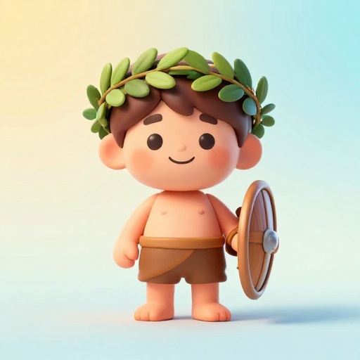 Dibujo estilo Pixar de un atleta griego antiguo con una corona de laurel en la cabeza, luciendo feliz.