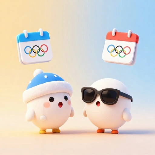 Dibujo estilo Pixar de dos mascotas olímpicas diferentes de los juegos de Verano e Invierno luciendo sorprendidas.