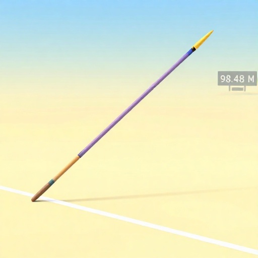 Dibujo estilo Pixar de una jabalina volando una distancia extremadamente larga más allá de un marcador de medición.