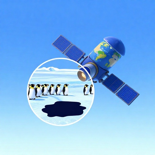 Un satélite de dibujos animados viendo una colonia de pingüinos marcada por manchas oscuras en el hielo.