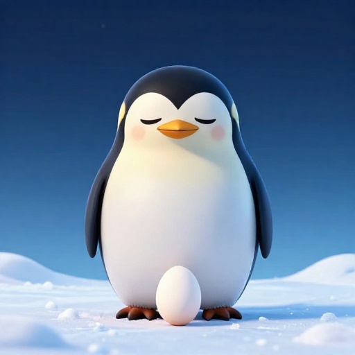 Un pingüino emperador de dibujos animados equilibrando cuidadosamente un huevo sobre sus patas.