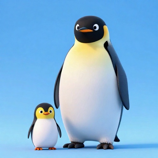 Un pingüino emperador de dibujos animados muy alto parado al lado de un pingüino de dibujos animados mucho más pequeño.