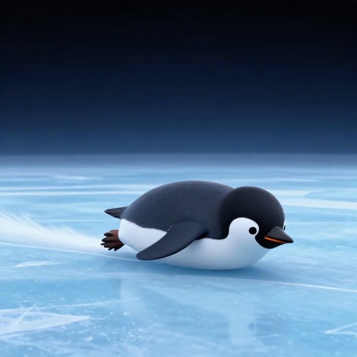 Un pingüino de dibujos animados deslizándose sobre su barriga por el hielo.