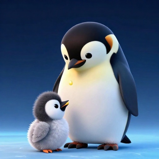 Un pingüino emperador de dibujos animados alimentando a un polluelo con una sustancia parecida a la leche.