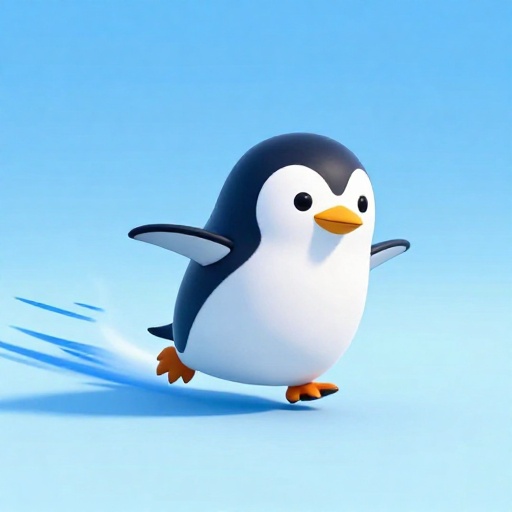 Un pingüino gentoo de dibujos animados nadando extremadamente rápido bajo el agua.