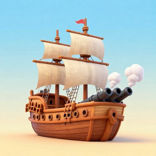 Un barco pirata de dibujos animados con muchos cañones disparando.