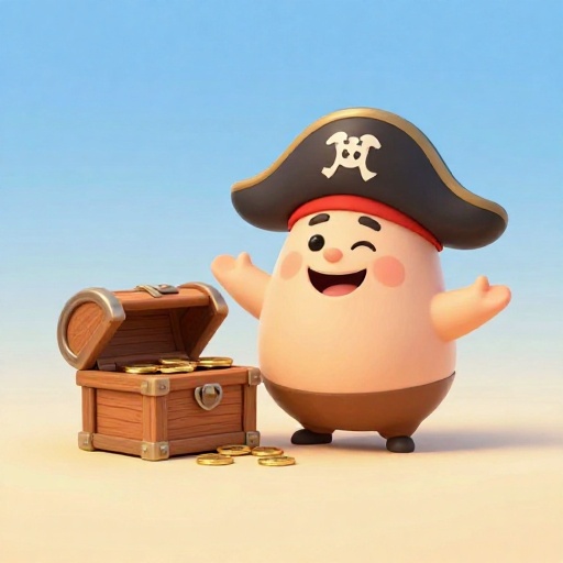 A cartoon pirate shrugging next to a small, open treasure chest with few coins.