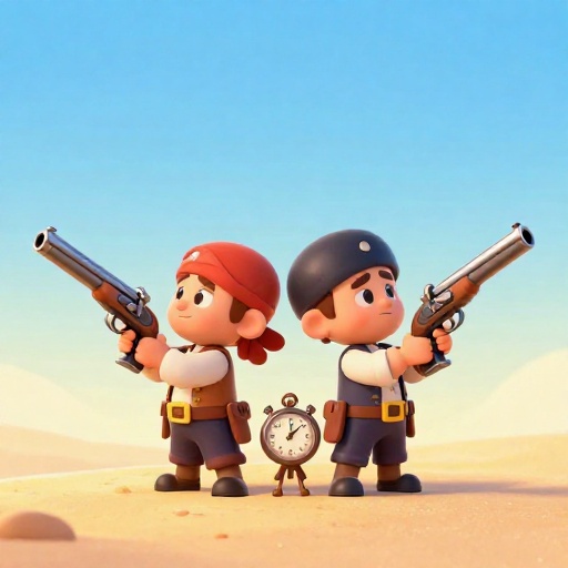 Dos piratas de dibujos animados listos para batirse en duelo con pistolas en una orilla arenosa mientras un contramaestre observa.