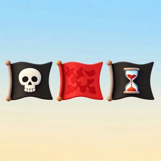Tres estilos diferentes de banderas piratas, incluyendo una roja y una con un esqueleto.