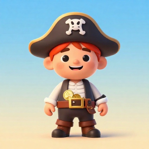 Un pirata de dibujos animados encogiéndose de hombros junto a un pequeño cofre del tesoro abierto con pocas monedas.