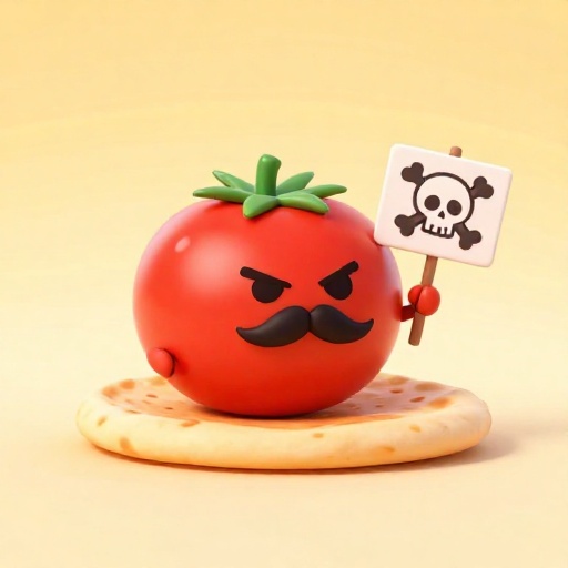 Un tomate de caricatura con aspecto amenazante al lado de un pan plano simple, sugiriendo que fue temido en el pasado.