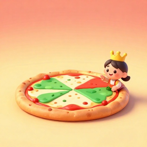 Una Pizza Margarita diseñada para parecerse a la bandera italiana junto a una reina de dibujos animados feliz.
