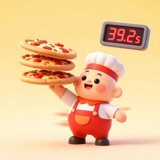 Un pizzero muy rápido mostrando con orgullo tres pizzas perfectamente hechas en menos de 40 segundos.