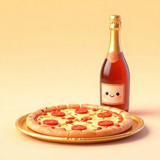 Una pizza muy pequeña y cara al lado de botellas enormes de bebidas de lujo.