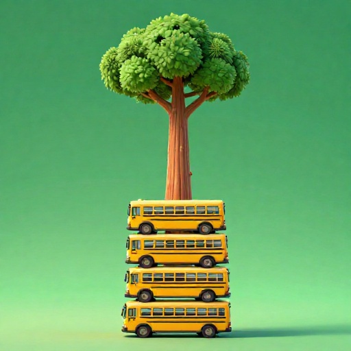 Un árbol de dibujos animados gigante y amigable que se eleva sobre una pila de 30 autobuses escolares de dibujos animados.