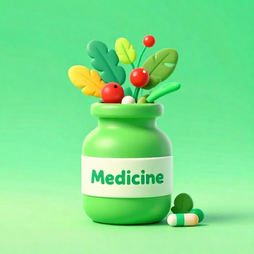 Frasco de medicina de dibujos animados desbordado de hojas y bayas coloridas que representan medicinas naturales.