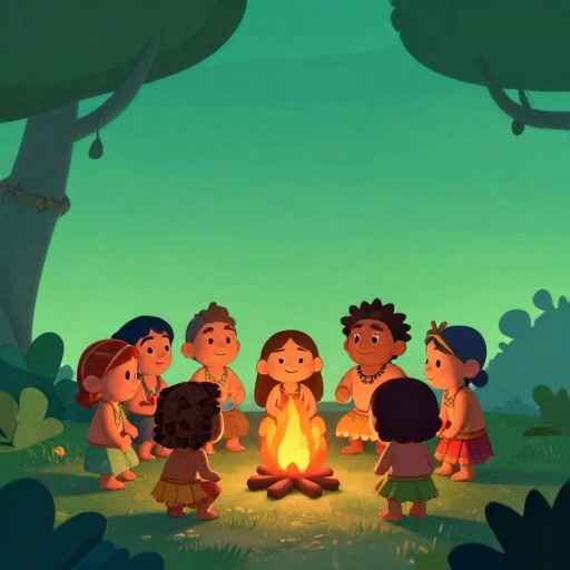Ilustración de dibujos animados de personas indígenas diversas compartiendo historias alrededor de una fogata en la selva tropical.