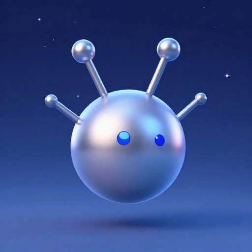 Un satélite esférico simple con cuatro antenas flotando en el espacio.