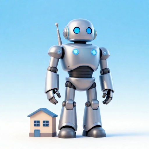 Un robot humanoide grande y colorido de pie junto a un edificio pequeño para dar escala.