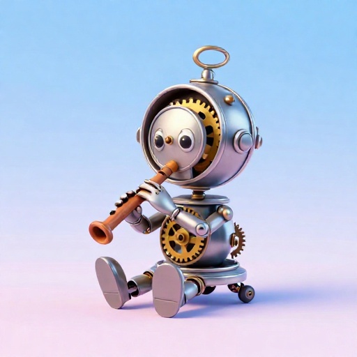 Un autómata antiguo de relojería tocando una flauta con engranajes visibles.