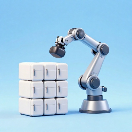 Un brazo de robot industrial junto a una pila de doce refrigeradores de dibujos animados.