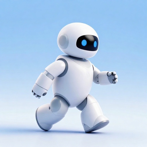 Un elegante robot humanoide de color blanco caminando rápidamente.